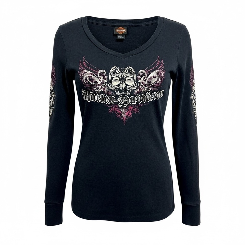 Harley-Davidson Shirt Women Small Black Long Sleeve Skull Wings Graphic V-Neck - Picture 1 of 14